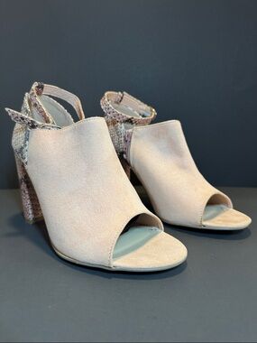 JustFab Blush Open-Toe Block Heel Sandals with Snake-Print Accent